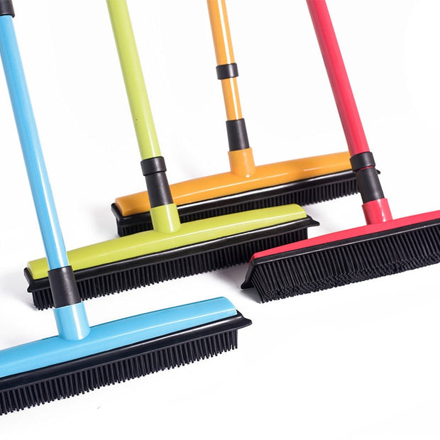 Long Push Broom Rubber Bristles Sweeper Squeegee Scratch Free Bristle Broom for Pet Cat Dog Hair Carpet Hardwood Windows Clean - FloorCleaningSolution